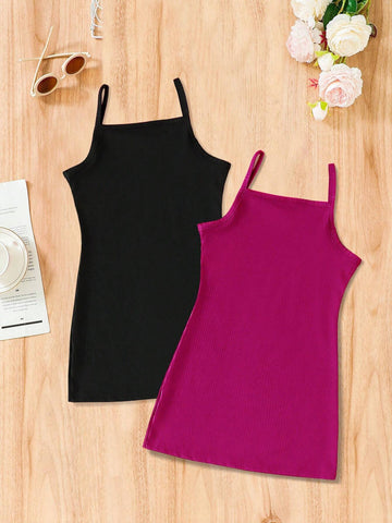 2pcs/Set Striped Cami Dress With Trendy Letter Print, Korean Style Casual Outfit For Children