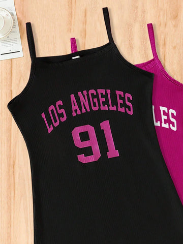 2pcs/Set Striped Cami Dress With Trendy Letter Print, Korean Style Casual Outfit For Children