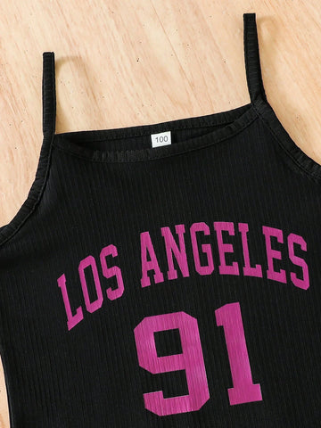 2pcs/Set Striped Cami Dress With Trendy Letter Print, Korean Style Casual Outfit For Children