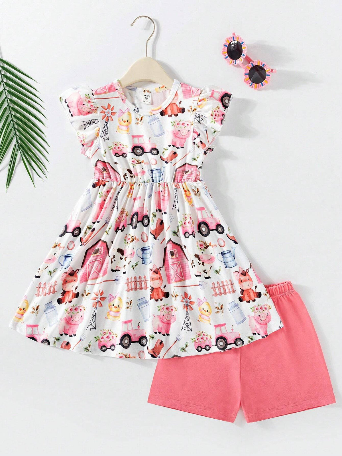 2pcs/Set Toddler Boys' Cute Princess-Style Rural Life Little Cow Digital Printed Round Neck Frilled Sleeves Sun Hem Top And Contrast-Color Pleated Shorts Summer Outfits