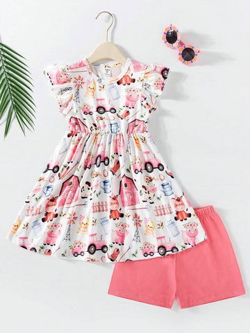 2pcs/Set Toddler Boys' Cute Princess-Style Rural Life Little Cow Digital Printed Round Neck Frilled Sleeves Sun Hem Top And Contrast-Color Pleated Shorts Summer Outfits