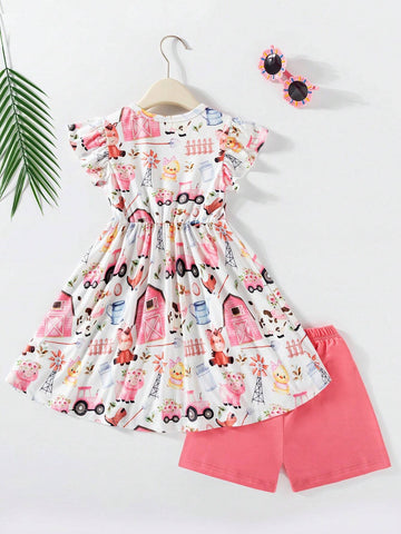 2pcs/Set Toddler Boys' Cute Princess-Style Rural Life Little Cow Digital Printed Round Neck Frilled Sleeves Sun Hem Top And Contrast-Color Pleated Shorts Summer Outfits