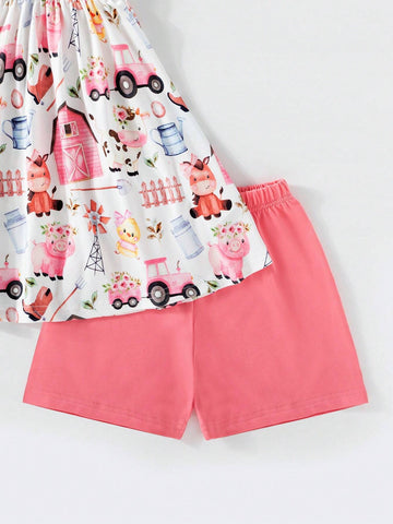2pcs/Set Toddler Boys' Cute Princess-Style Rural Life Little Cow Digital Printed Round Neck Frilled Sleeves Sun Hem Top And Contrast-Color Pleated Shorts Summer Outfits