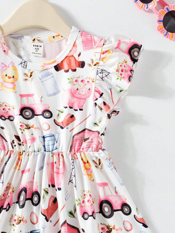 2pcs/Set Toddler Boys' Cute Princess-Style Rural Life Little Cow Digital Printed Round Neck Frilled Sleeves Sun Hem Top And Contrast-Color Pleated Shorts Summer Outfits