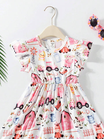 2pcs/Set Toddler Boys' Cute Princess-Style Rural Life Little Cow Digital Printed Round Neck Frilled Sleeves Sun Hem Top And Contrast-Color Pleated Shorts Summer Outfits