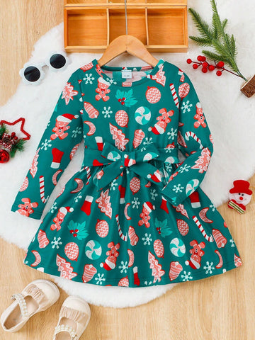 2pcs/Set Toddler Girls' Gingerbread Man Print Long Sleeve Dress & Belt, Cute Preppy Style Christmas Outfit