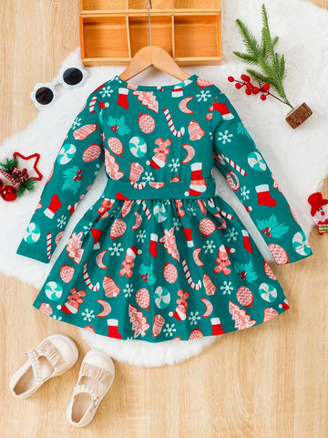 2pcs/Set Toddler Girls' Gingerbread Man Print Long Sleeve Dress & Belt, Cute Preppy Style Christmas Outfit