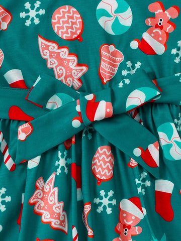 2pcs/Set Toddler Girls' Gingerbread Man Print Long Sleeve Dress & Belt, Cute Preppy Style Christmas Outfit