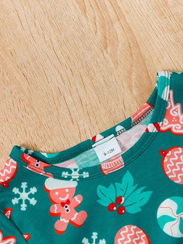 2pcs/Set Toddler Girls' Gingerbread Man Print Long Sleeve Dress & Belt, Cute Preppy Style Christmas Outfit