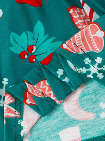2pcs/Set Toddler Girls' Gingerbread Man Print Long Sleeve Dress & Belt, Cute Preppy Style Christmas Outfit