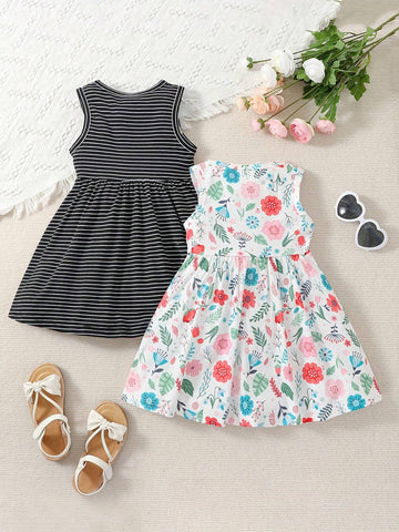 2pcs/Set Toddler Girls Sleeveless Striped And Flowers Graphic Bow Princess Dress - Summer Party Beach Vacation Clothes