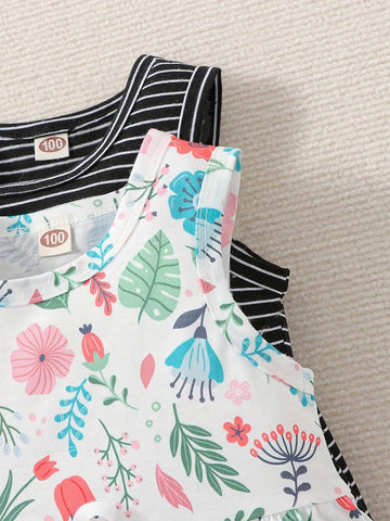 2pcs/Set Toddler Girls Sleeveless Striped And Flowers Graphic Bow Princess Dress - Summer Party Beach Vacation Clothes