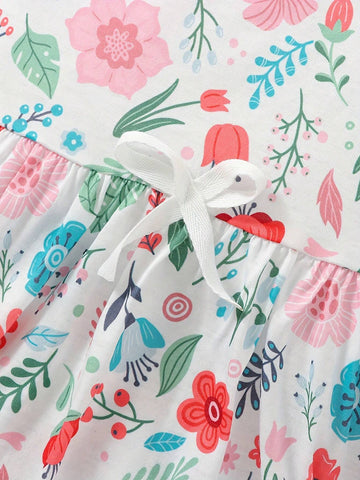 2pcs/Set Toddler Girls Sleeveless Striped And Flowers Graphic Bow Princess Dress - Summer Party Beach Vacation Clothes