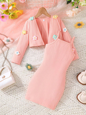 2pcs/Set Toddler Girls Solid Color Floral Embroidery Long Sleeve Cardigan & Solid Color Dress Sets, New Arrival