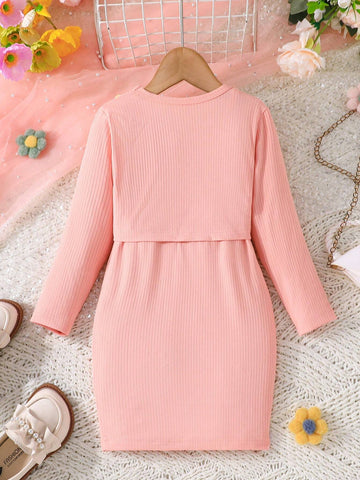 2pcs/Set Toddler Girls Solid Color Floral Embroidery Long Sleeve Cardigan & Solid Color Dress Sets, New Arrival