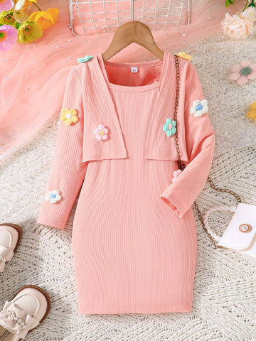 2pcs/Set Toddler Girls Solid Color Floral Embroidery Long Sleeve Cardigan & Solid Color Dress Sets, New Arrival