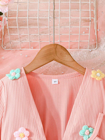 2pcs/Set Toddler Girls Solid Color Floral Embroidery Long Sleeve Cardigan & Solid Color Dress Sets, New Arrival