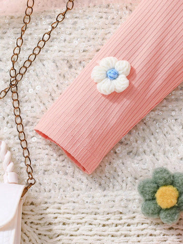 2pcs/Set Toddler Girls Solid Color Floral Embroidery Long Sleeve Cardigan & Solid Color Dress Sets, New Arrival