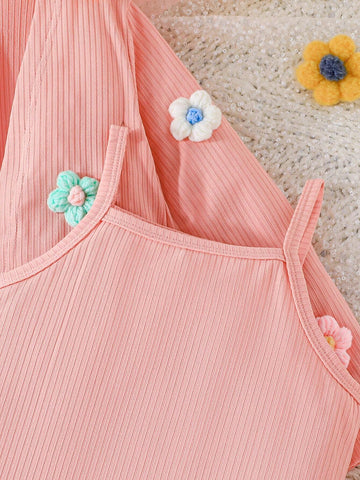 2pcs/Set Toddler Girls Solid Color Floral Embroidery Long Sleeve Cardigan & Solid Color Dress Sets, New Arrival