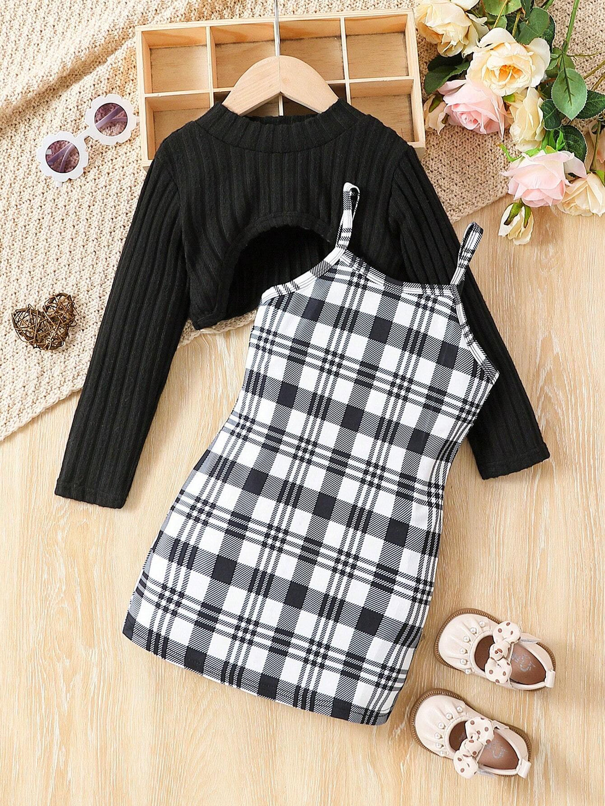 2pcs/Set Toddler Girls' Spring Autumn Long Sleeve Solid Rib Knit Top And Plaid Skirt Casual Outfit