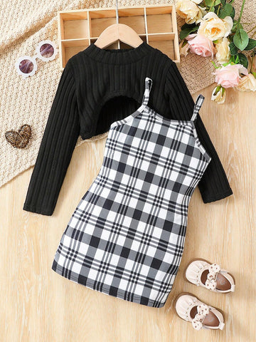2pcs/Set Toddler Girls' Spring Autumn Long Sleeve Solid Rib Knit Top And Plaid Skirt Casual Outfit