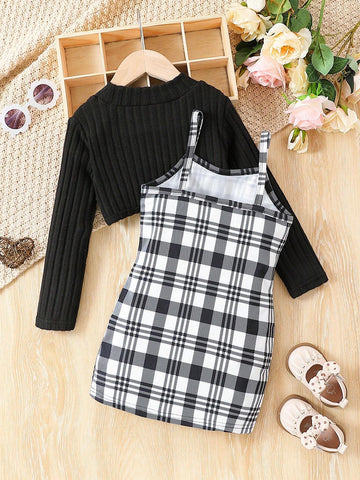 2pcs/Set Toddler Girls' Spring Autumn Long Sleeve Solid Rib Knit Top And Plaid Skirt Casual Outfit