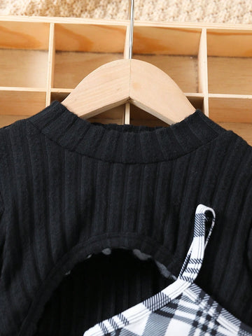 2pcs/Set Toddler Girls' Spring Autumn Long Sleeve Solid Rib Knit Top And Plaid Skirt Casual Outfit