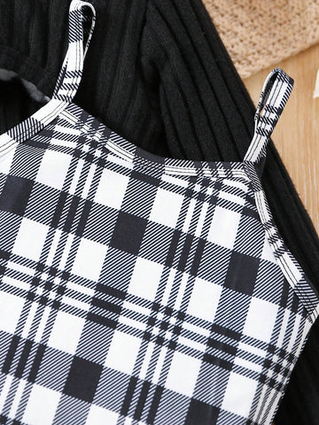 2pcs/Set Toddler Girls' Spring Autumn Long Sleeve Solid Rib Knit Top And Plaid Skirt Casual Outfit