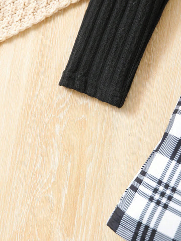 2pcs/Set Toddler Girls' Spring Autumn Long Sleeve Solid Rib Knit Top And Plaid Skirt Casual Outfit