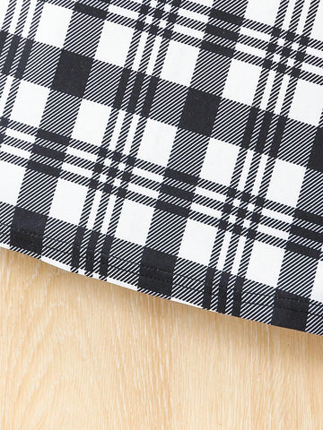 2pcs/Set Toddler Girls' Spring Autumn Long Sleeve Solid Rib Knit Top And Plaid Skirt Casual Outfit