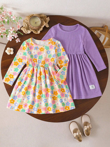 2pcs/Set Toddler Girls' Sweet Digital Print + Purple Round Neck Long Sleeve Dress
