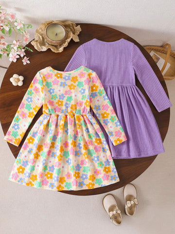 2pcs/Set Toddler Girls' Sweet Digital Print + Purple Round Neck Long Sleeve Dress