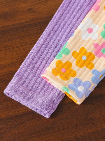 2pcs/Set Toddler Girls' Sweet Digital Print + Purple Round Neck Long Sleeve Dress