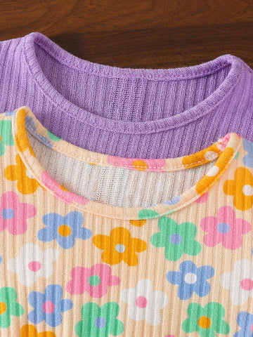 2pcs/Set Toddler Girls' Sweet Digital Print + Purple Round Neck Long Sleeve Dress