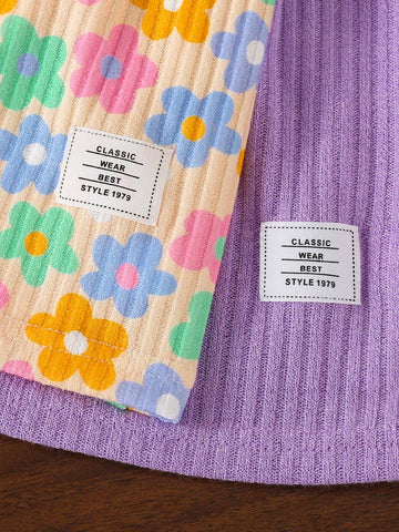 2pcs/Set Toddler Girls' Sweet Digital Print + Purple Round Neck Long Sleeve Dress