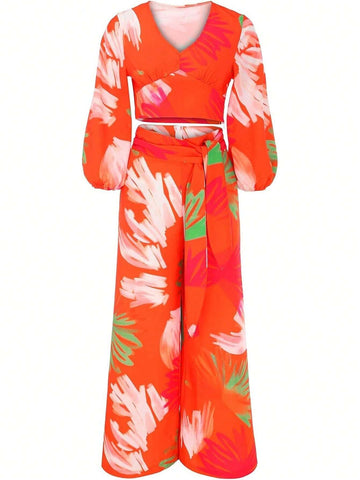 2pcs/Set Vacation Casual Plant Print Cropped Top And Wide Leg Pants