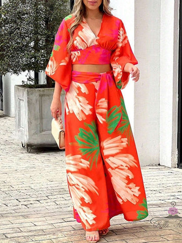 2pcs/Set Vacation Casual Plant Print Cropped Top And Wide Leg Pants