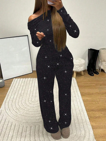 2pcs/Set Women Elegant Oblique Shoulder Long Sleeve Top & Casual Pants Suit