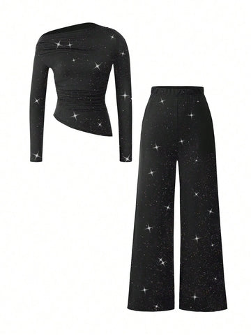 2pcs/Set Women Elegant Oblique Shoulder Long Sleeve Top & Casual Pants Suit