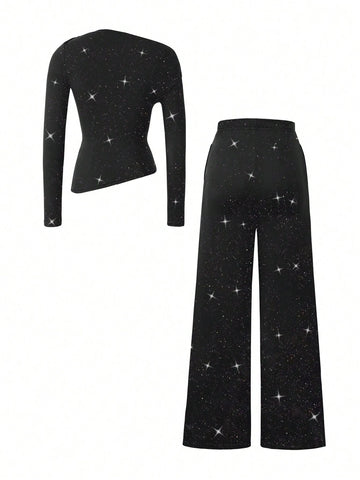 2pcs/Set Women Elegant Oblique Shoulder Long Sleeve Top & Casual Pants Suit