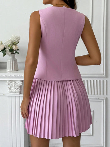 2pcs/Set Women Elegant Single-Breasted Vest And Pleated Skirt Suit
