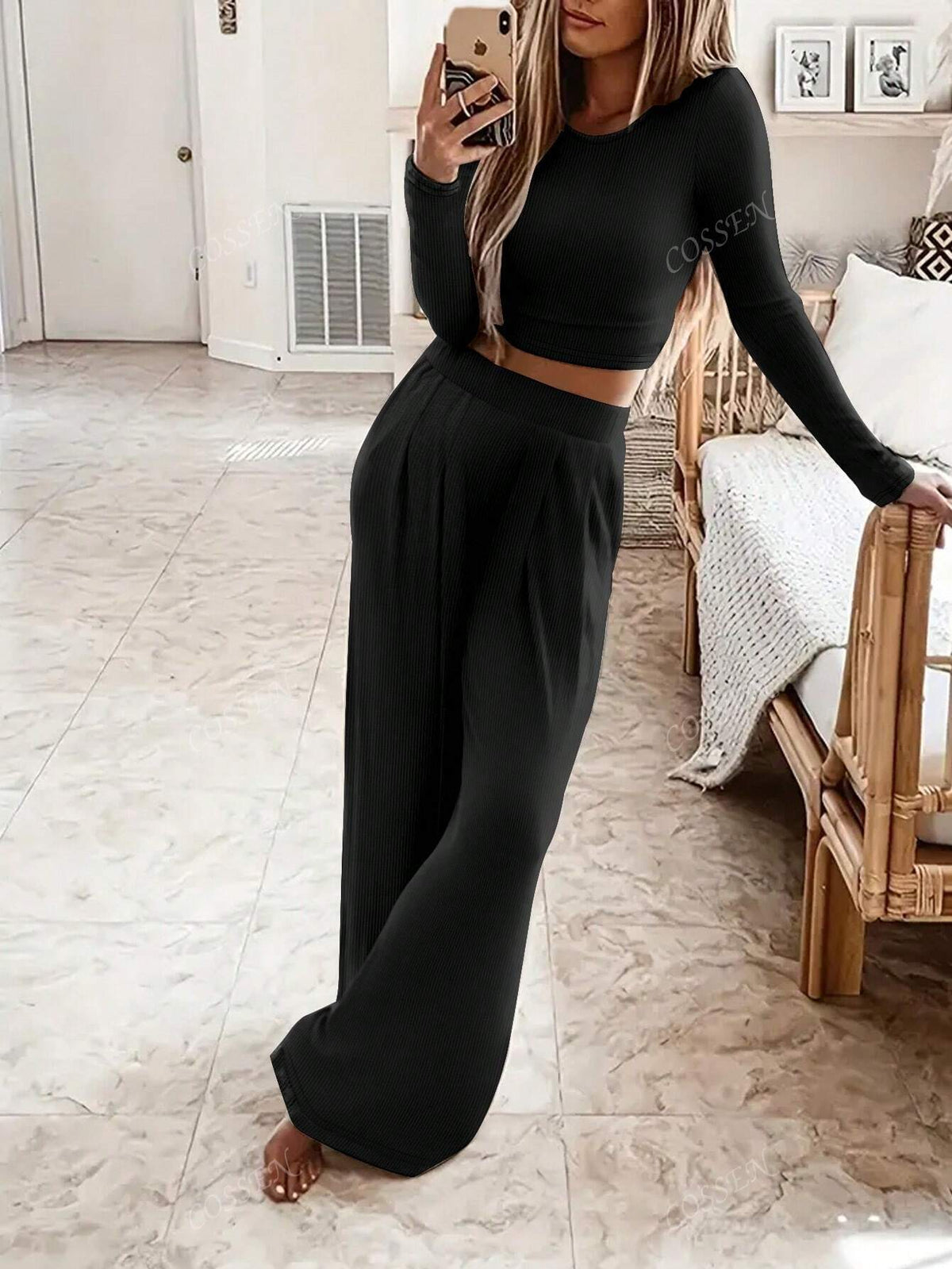 2pcs/Set Women Fitted Long Sleeve Top And Wide Leg Pants, Suit