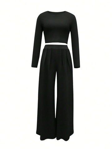 2pcs/Set Women Fitted Long Sleeve Top And Wide Leg Pants, Suit