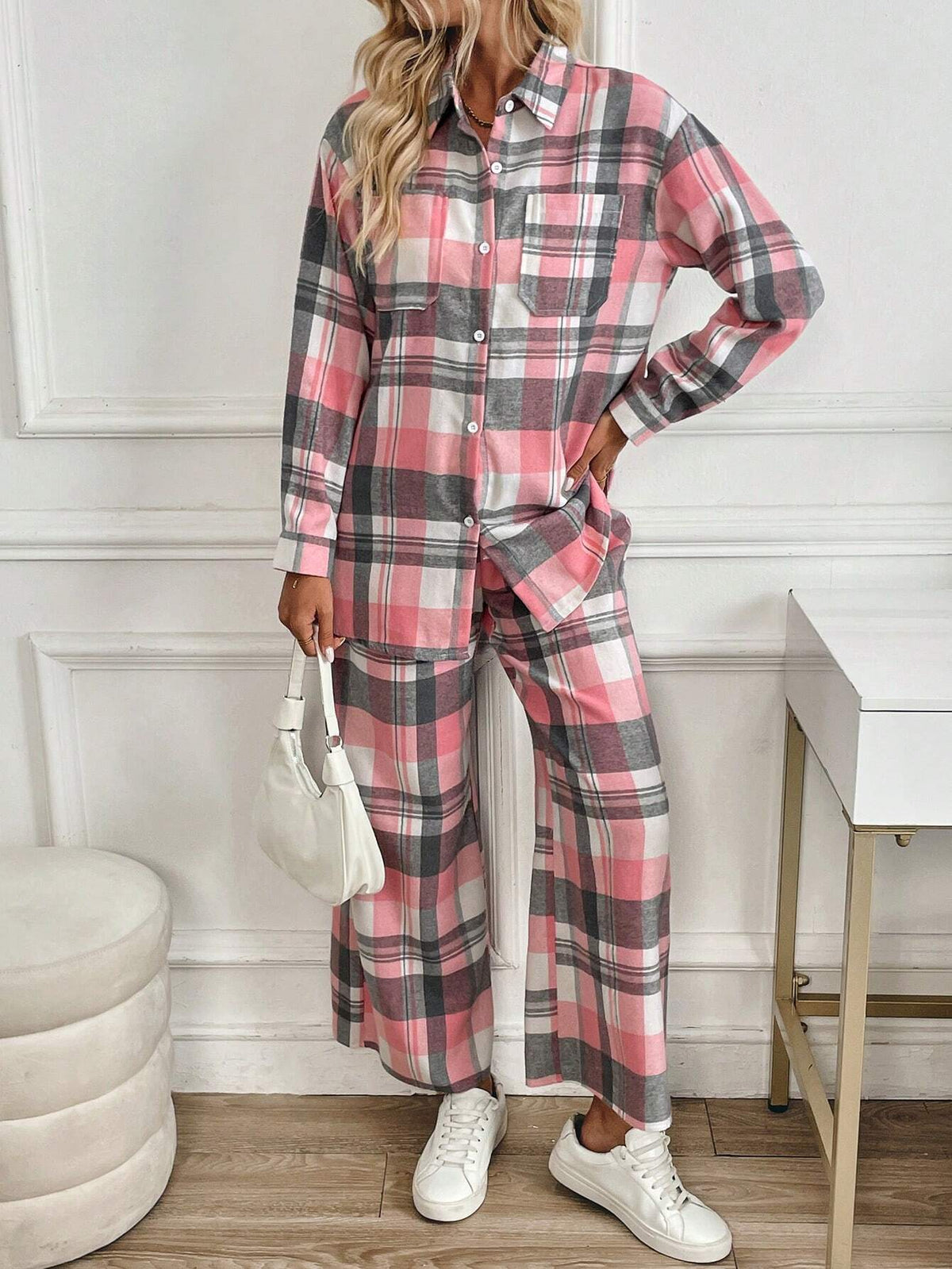 2pcs/Set Women Plaid Print Button Front Casual Long Sleeve Set