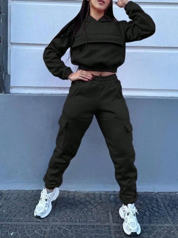 2pcs/Set Women Solid Color Minimalist Hoodie And Pants Set, Daily Wear