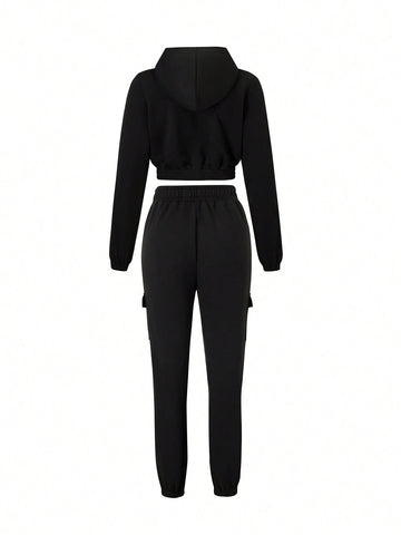 2pcs/Set Women Solid Color Minimalist Hoodie And Pants Set, Daily Wear