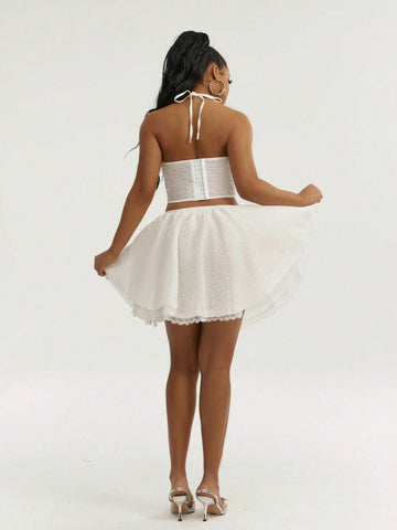 2pcs/Set Women Solid Halter Top And Mini Skirt