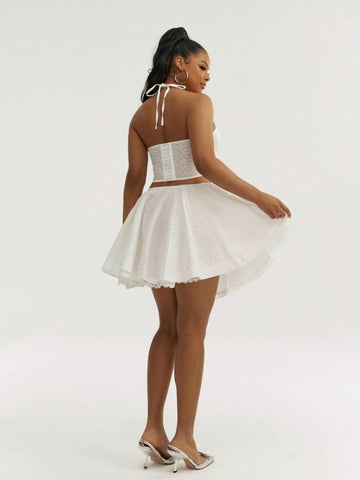 2pcs/Set Women Solid Halter Top And Mini Skirt