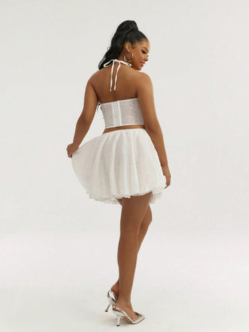 2pcs/Set Women Solid Halter Top And Mini Skirt