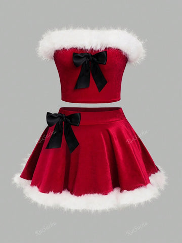 2pcs/Set Women's Christmas Outfit Faux Fur Bow Decor Cropped Top And Mini Skirt Suit For Fashion